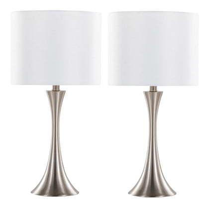 The Lenuxe Contemporary Semi Gloss Table Lamp set features two modern lamps with brushed nickel bases and white cylindrical fabric shades, shown side by side against a white background.