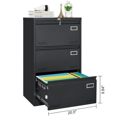 The Filing Cabinet Lateral File Cabinet 3 Drawer features one open drawer with organized folders, a top surface holding a book, headphones, an Eiffel Tower decor, and a plant. Its labeled dimensions suit home or office use and include lockable drawers.
