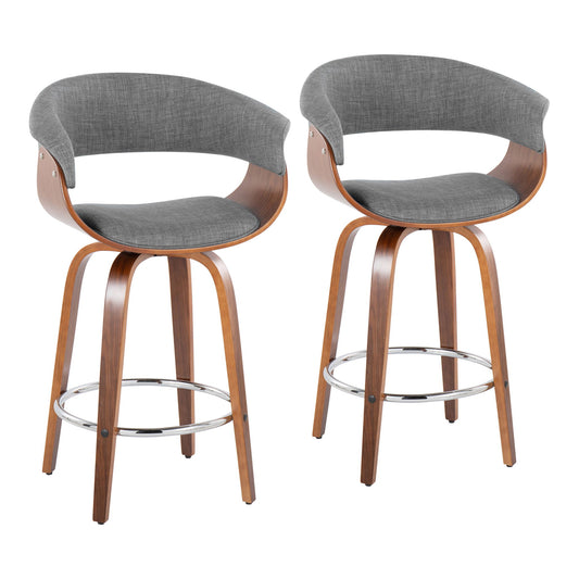 Set of 2 Vintage Mod Mid Century Modern counter stools featuring curved wooden frames, gray upholstered seats and backs, swivel function, round metal footrests, angled legs, and a contemporary design.