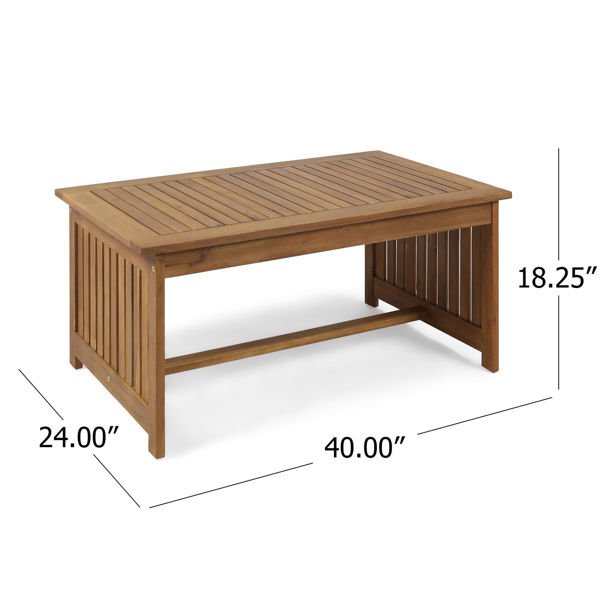 The Acacia Wood Rectangular Patio Coffee Table for Outside features a slatted top and sides, measures 40" L x 24" W x 18.25" H, has a natural wood finish, and includes a sturdy crossbar for added support underneath.