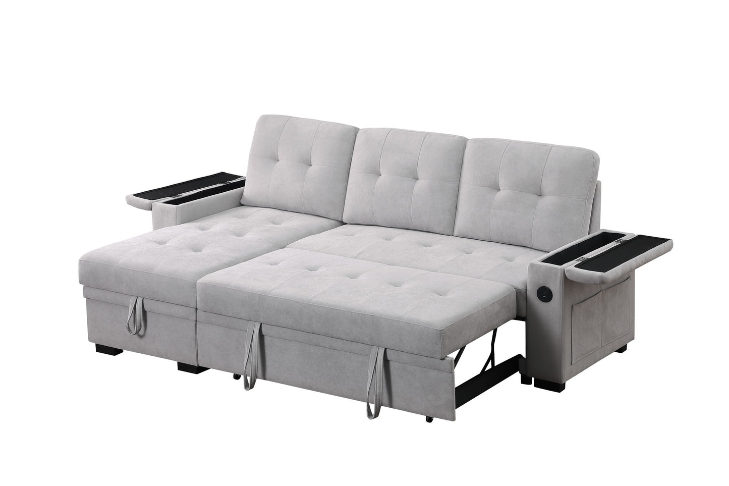 The Ashlyn II 84"W woven fabric reversible sleeper sectional sofa features light gray upholstery, tufted design, an extended storage chaise, built-in cup holders, and armrest compartments. Shown here in its unfolded bed position.