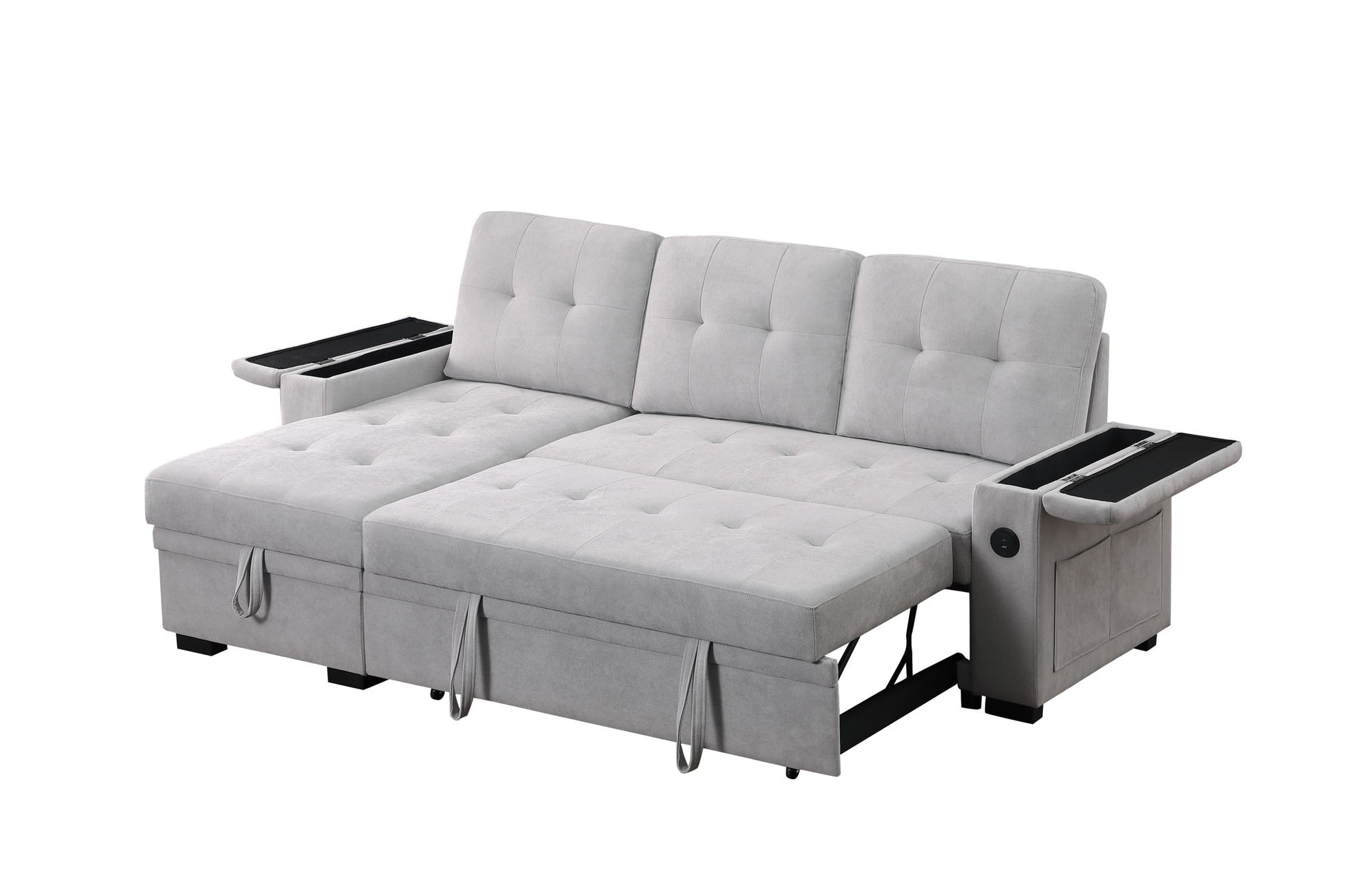 The Ashlyn II 84"W woven fabric reversible sleeper sectional sofa features light gray upholstery, tufted design, an extended storage chaise, built-in cup holders, and armrest compartments. Shown here in its unfolded bed position.