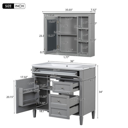 Bathroom Vanity With Top Sink, Storage Cabinet With Mirror, 2 Doors, 3 Drawers, 6 Open Shelves