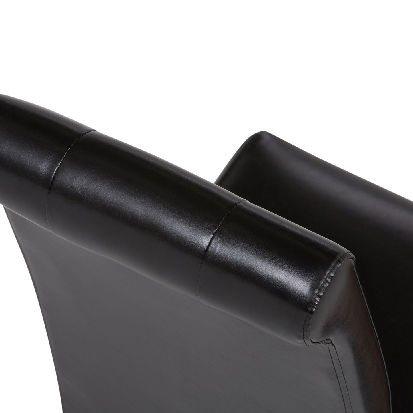Close-up of the Cosmopolitan - Deluxe Tufted Parson Upholstered Chair (Set of 2) shows two black leather chairs with sleek visible stitching, set against a white background.
