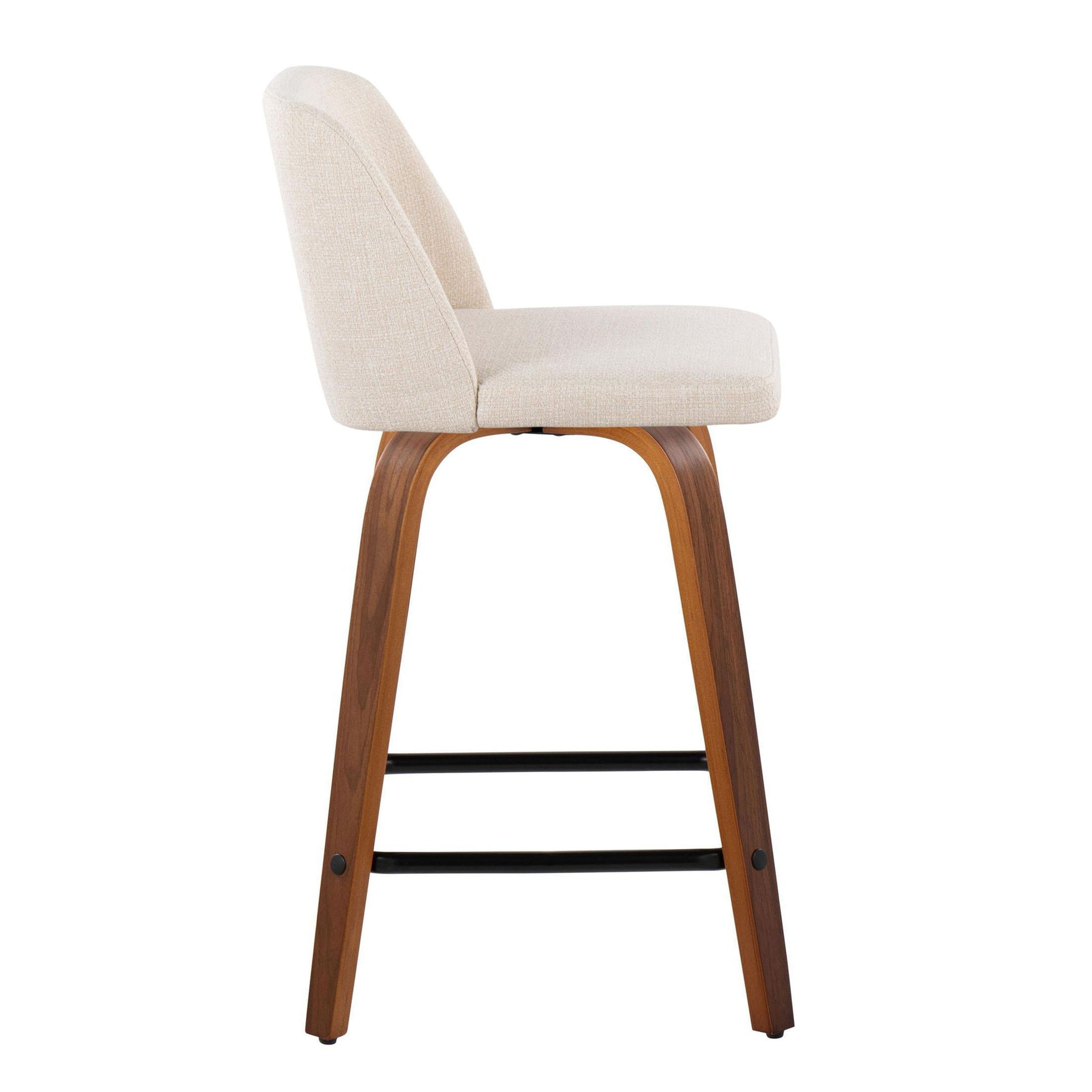 The Toriano Mid Century Modern Counter Stool, shown in side profile against a white background, features beige upholstered seat and backrest, curved wooden legs, and a black square footrest; set of 2 with swivel function.
