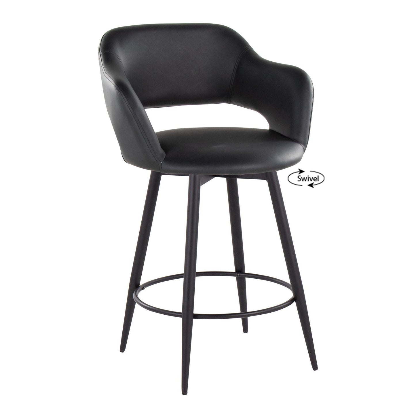 The Margarite bar stool offers a sleek, modern design with a curved backrest, cushioned seat, and four slender metal legs with a round footrest. It features "Swivel" in a small speech bubble near the seat. Sold as a set of 2.