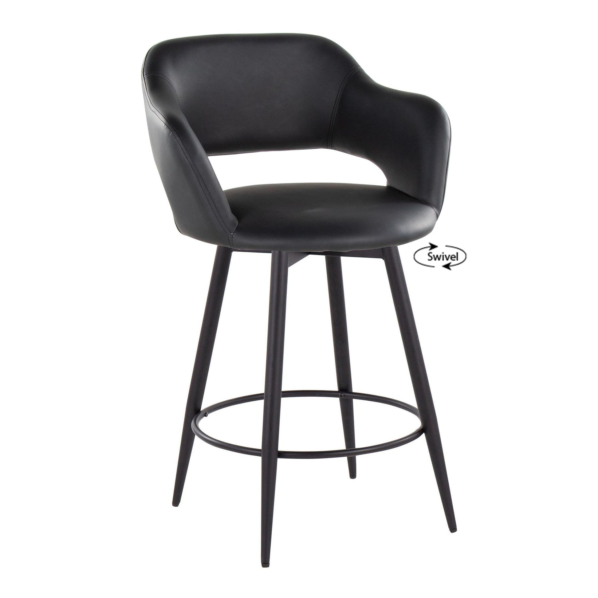 The Margarite bar stool offers a sleek, modern design with a curved backrest, cushioned seat, and four slender metal legs with a round footrest. It features "Swivel" in a small speech bubble near the seat. Sold as a set of 2.