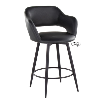 The Margarite bar stool offers a sleek, modern design with a curved backrest, cushioned seat, and four slender metal legs with a round footrest. It features "Swivel" in a small speech bubble near the seat. Sold as a set of 2.