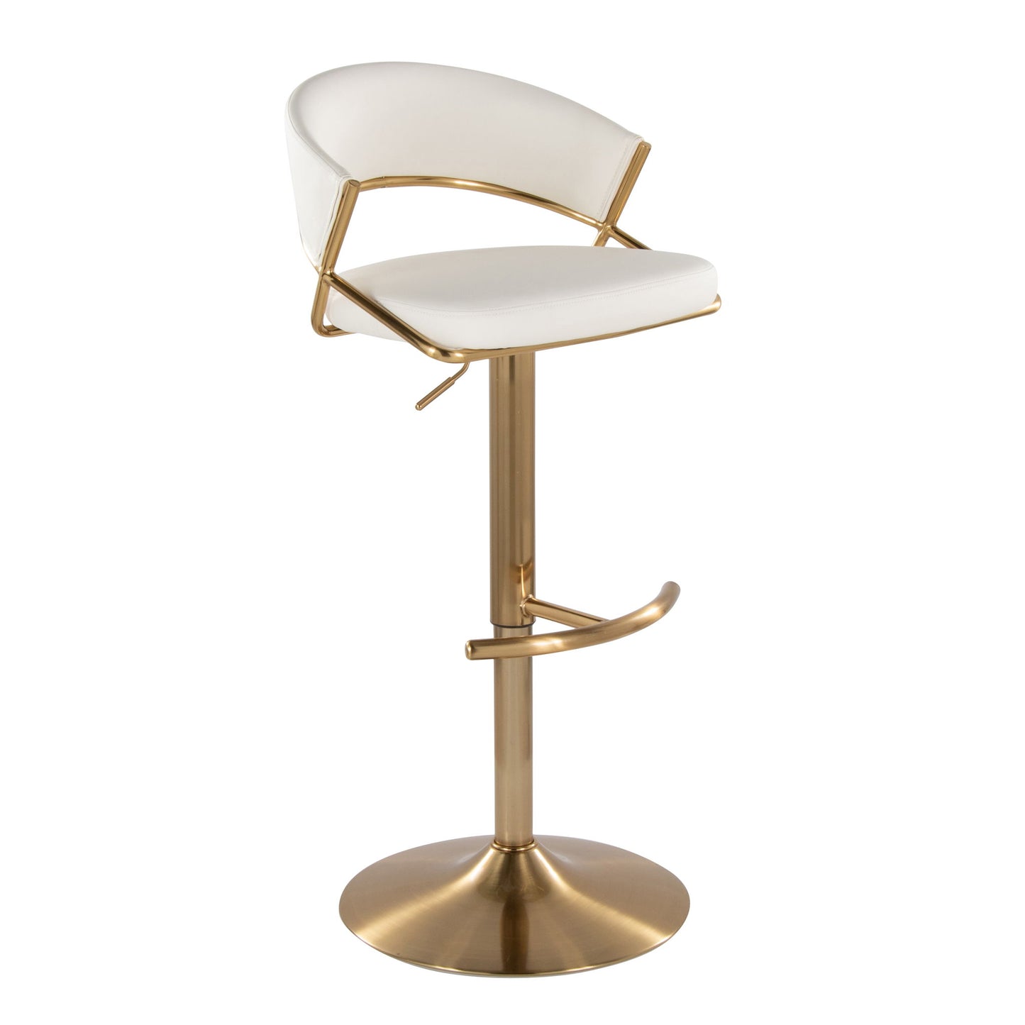 The Jie Contemporary Adjustable Barstool (Set of 2) features a white cushioned seat and backrest, a gold metal pedestal base, swivel function, and a rounded T footrest for modern style and comfort.