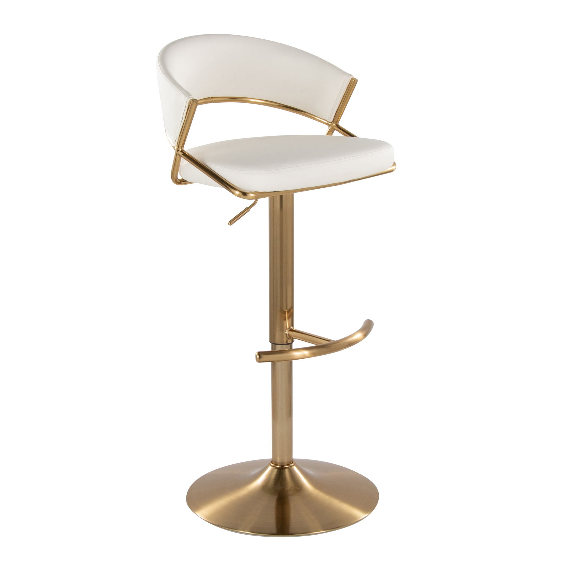The Jie Contemporary Adjustable Barstool (Set of 2) features a white cushioned seat and backrest, a gold metal pedestal base, swivel function, and a rounded T footrest for modern style and comfort.