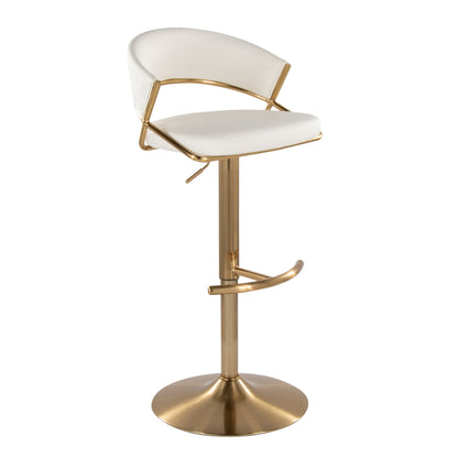 The Jie Contemporary Adjustable Barstool (Set of 2) features a white cushioned seat and backrest, a gold metal pedestal base, swivel function, and a rounded T footrest for modern style and comfort.