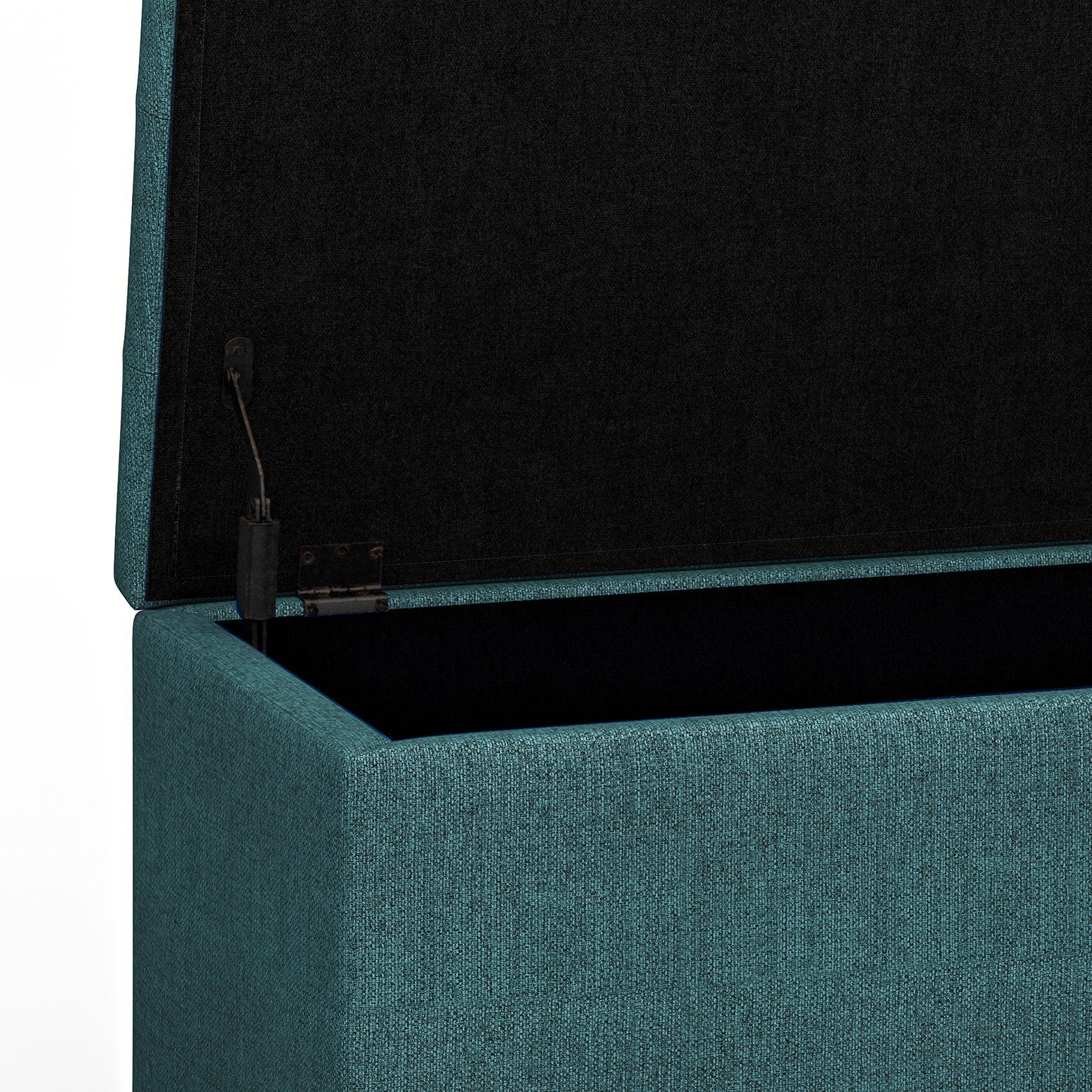 A close-up of the Cosmopolitan - Upholstered Storage Ottoman in teal, with its hinged lid open to reveal the spacious interior compartment against a plain white background.