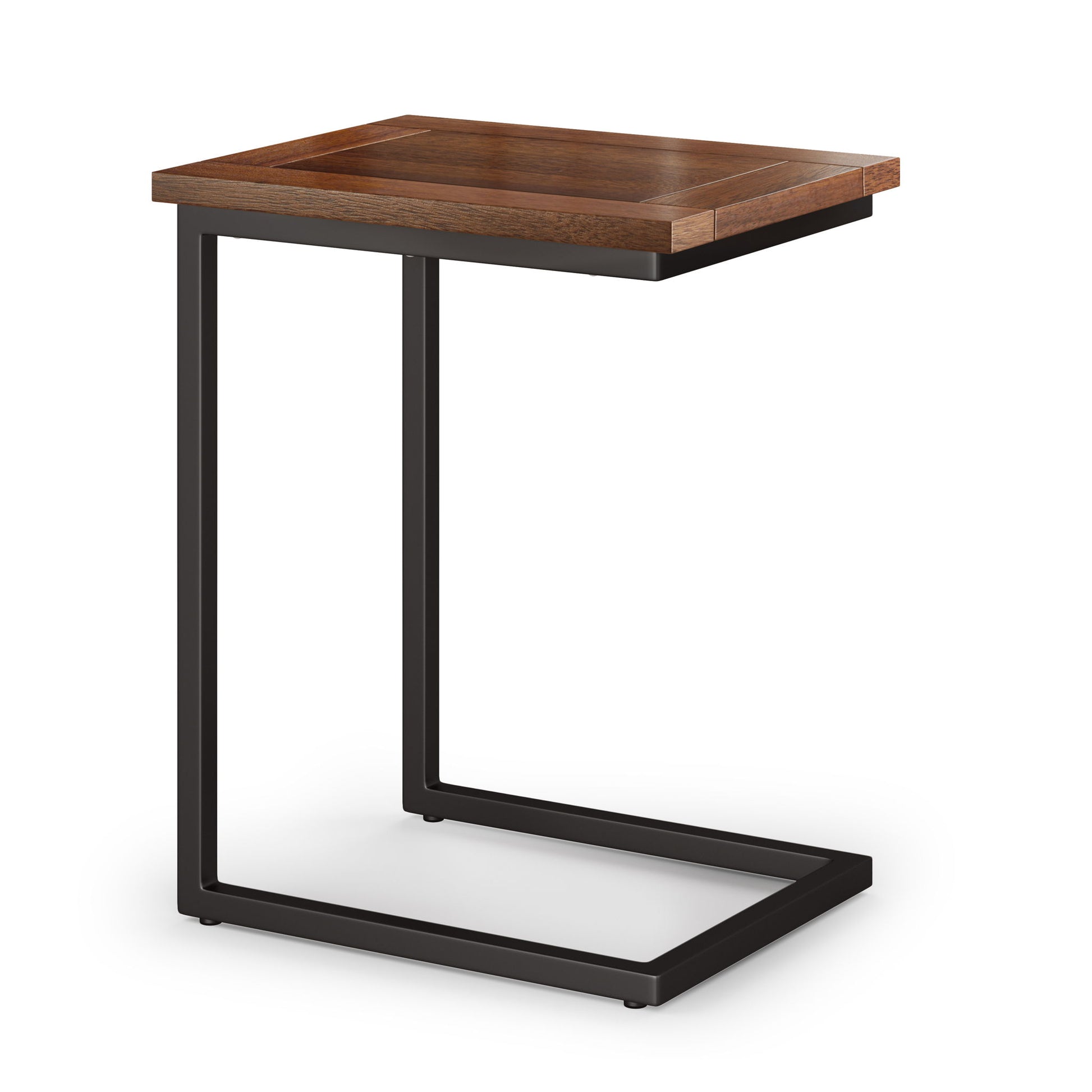 The Skyler - Handcrafted C Side Table features a rectangular wooden top and a black metal C-shaped frame, perfect for sliding under sofas or chairs for added convenience.
