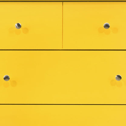 Close-up of the Hammond Chest, a yellow minimalist dresser featuring two small drawers on top and two larger ones below, all with round silver knobs and a smooth surface.