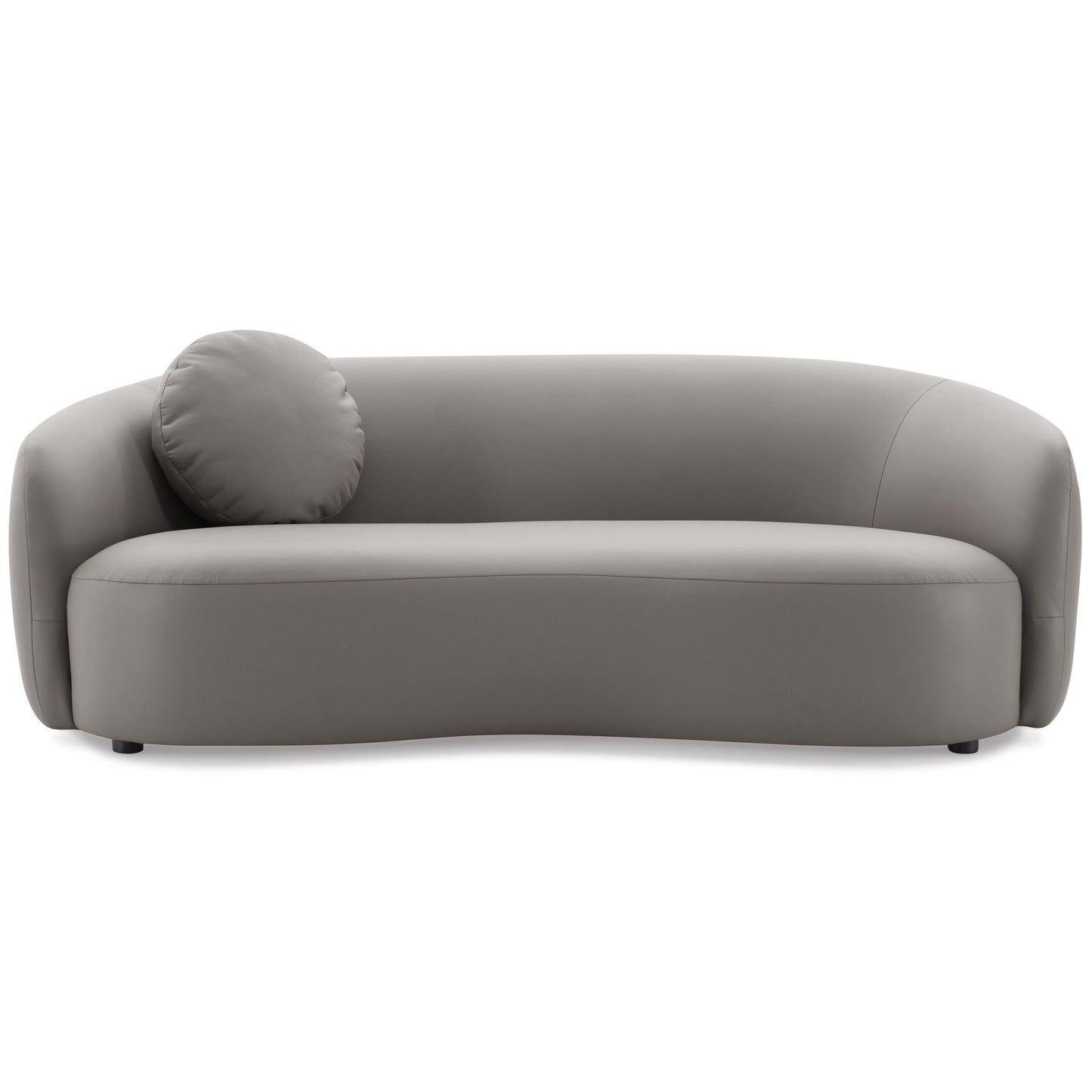 The Porter - Comfortable Sofa features a modern, light gray design with smooth upholstery, a single round cushion on the left, a low back, and rounded armrests.