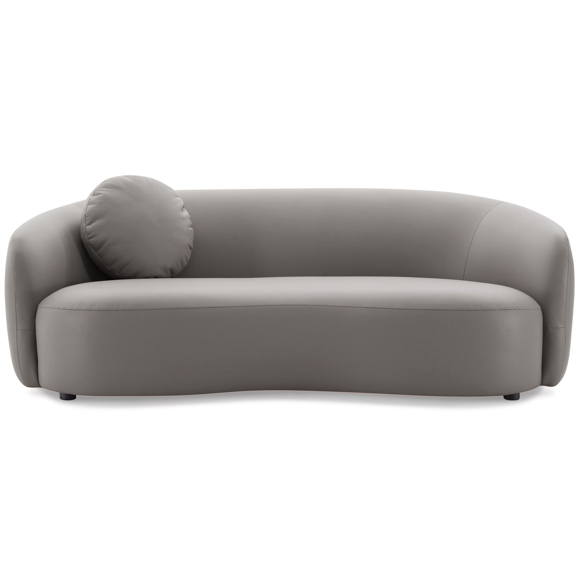 The Porter - Comfortable Sofa features a modern, light gray design with smooth upholstery, a single round cushion on the left, a low back, and rounded armrests.