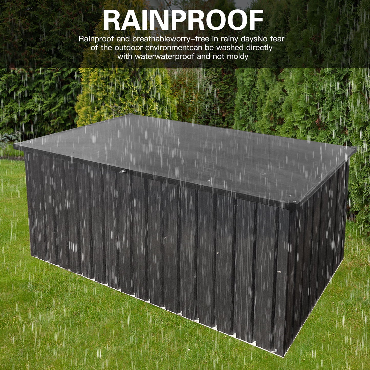 A Metal Storage Box Store Large Out Door Use - Black stands on a lawn in heavy rain, water droplets visible. Large text says “RAINPROOF”; smaller text notes it’s waterproof and ideal for outdoor use in wet conditions.