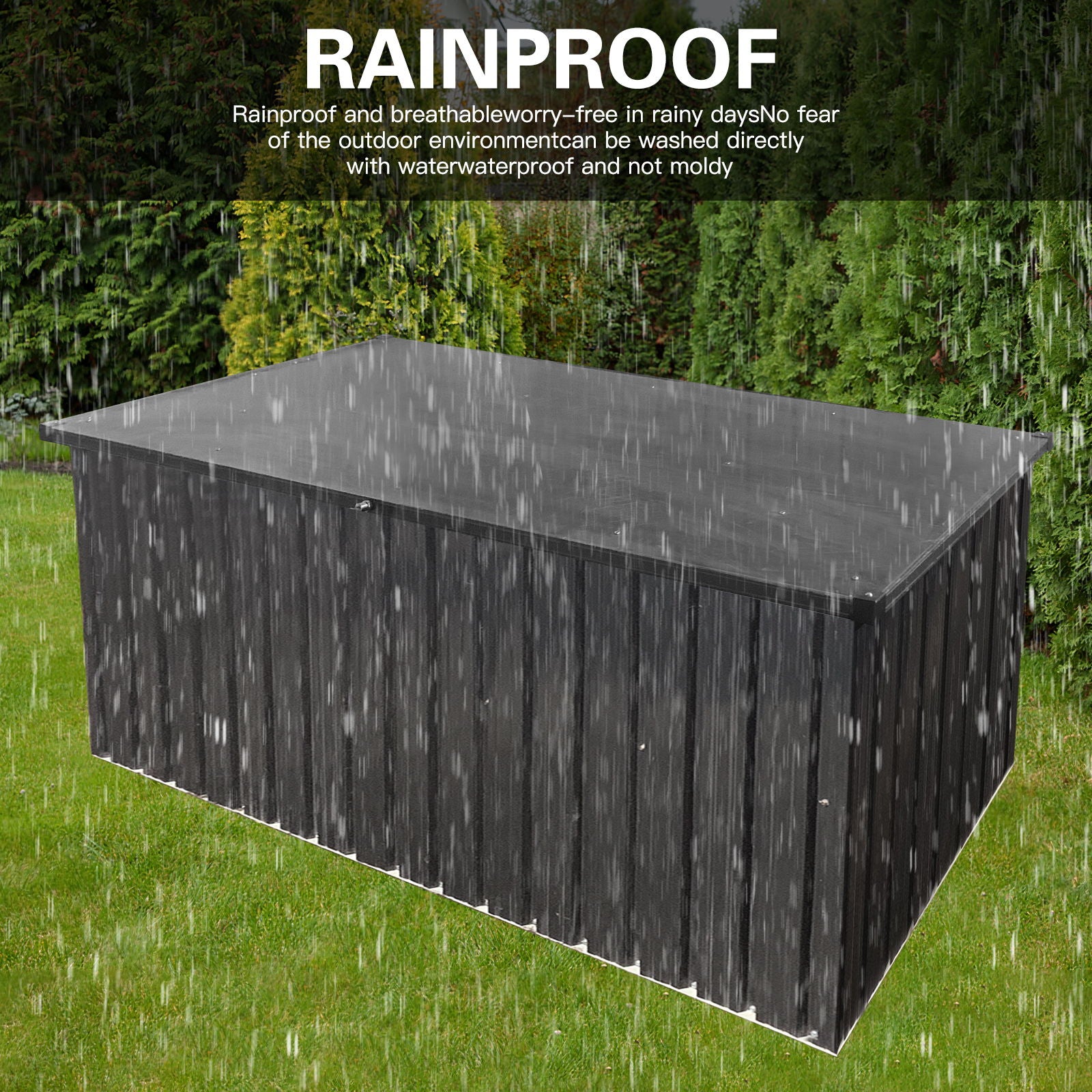 A Metal Storage Box Store Large Out Door Use - Black stands on a lawn in heavy rain, water droplets visible. Large text says “RAINPROOF”; smaller text notes it’s waterproof and ideal for outdoor use in wet conditions.
