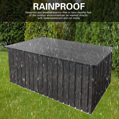 A Metal Storage Box Store Large Out Door Use - Black stands on a lawn in heavy rain, water droplets visible. Large text says “RAINPROOF”; smaller text notes it’s waterproof and ideal for outdoor use in wet conditions.