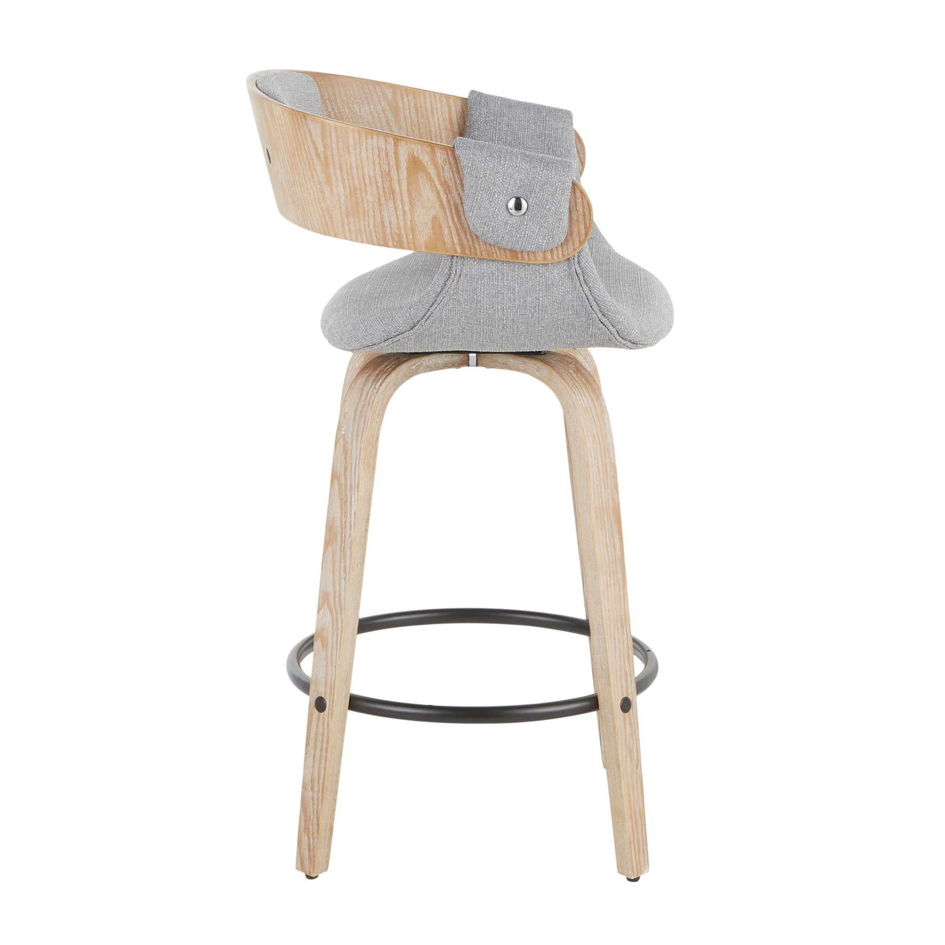The Elisa Farmhouse Counter Stool (Set of 2) features light wood legs, a circular metal footrest, and a curved wooden backrest with gray fabric upholstery in a stylish white washed/gray finish.