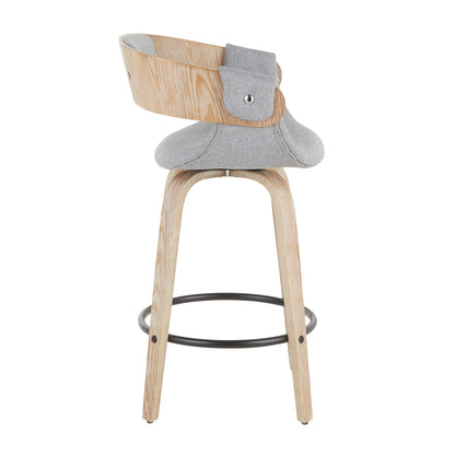 The Elisa Farmhouse Counter Stool (Set of 2) features light wood legs, a circular metal footrest, and a curved wooden backrest with gray fabric upholstery in a stylish white washed/gray finish.