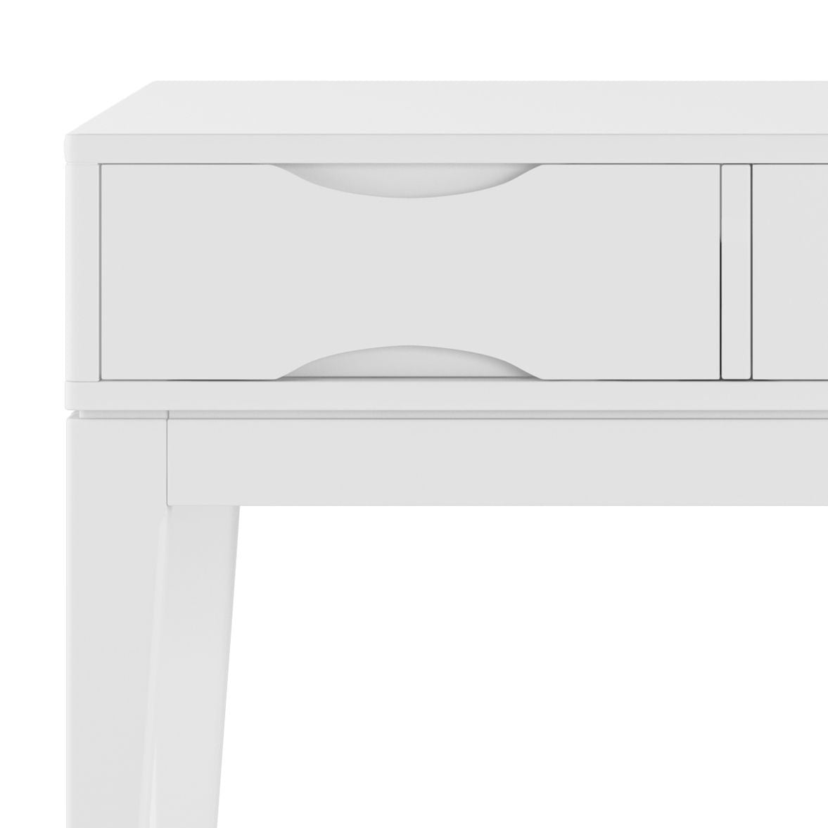 A close-up view of the Harper - Handcrafted Console Sofa Table in white, featuring a single drawer with a curved handle. The table has clean lines and a minimalistic design.