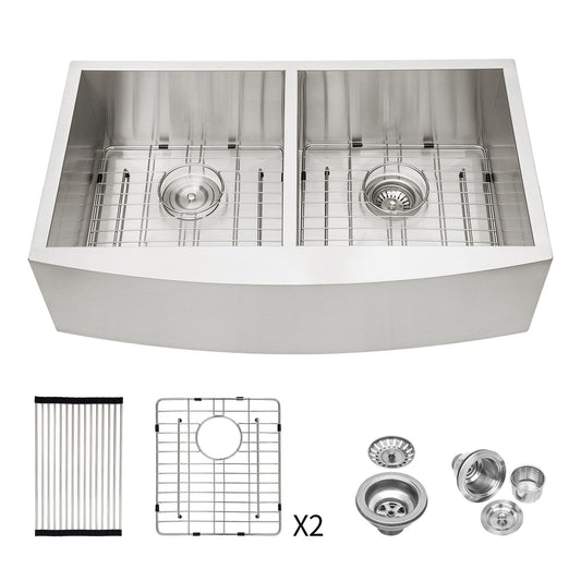 Modern Double Bowl Farmhouse Sink With Apron Front Stainless Steel - Beige