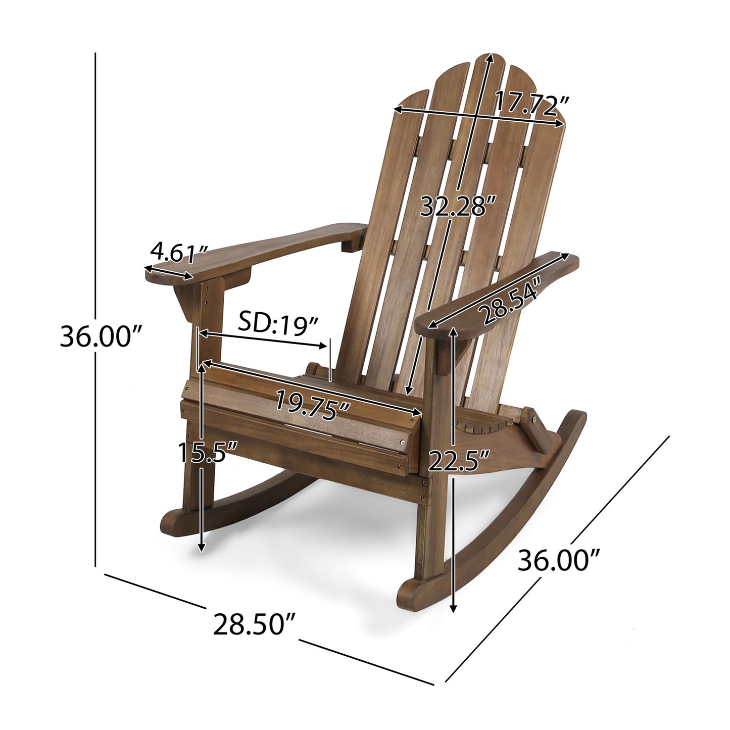 Echoes - Outdoor Acacia Wood Adirondack Rocking Chair: 36"H x 28.5"W x 36"D; backrest 32.28"H, seat 19"D x 19.75"W x 15.5"H, armrest 22.5"H x 4.61"W.