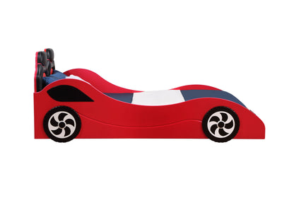 The Colen - Twin Car Bed With LED is a children's bed styled as a red race car, featuring black and white wheels, a curved body, and a blue and white mattress; shown in profile against a white background.