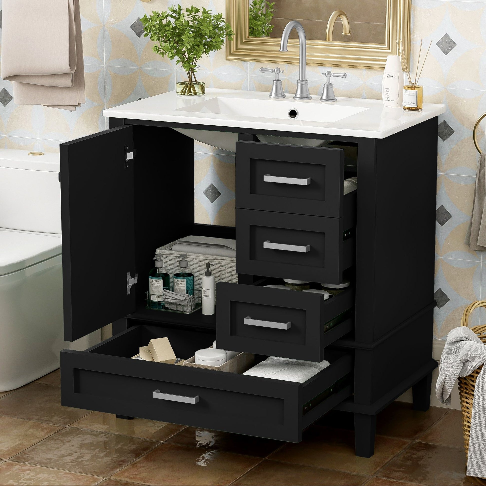 A modern bathroom vanity with a solid wood frame features a soft-closing door and three drawers for organized storage. The combo set includes a white sink, with space for toiletries, towels, and decor under a gold-framed mirror.