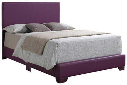 The Elegant Platform Bed For Relaxed Spaces features a tall, purple upholstered headboard and frame, complemented by light bedding, a beige blanket, and gray and beige pillows for a stylish modern look.