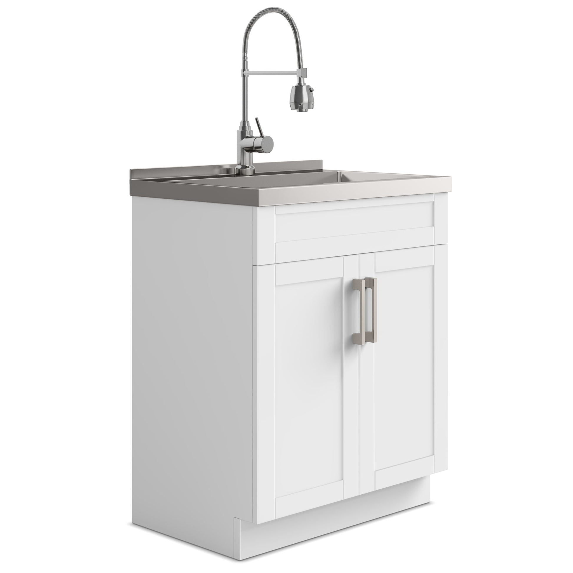 The Hennessy Deluxe Laundry Cabinet features double doors, a deep square stainless steel sink, and a silver high-neck faucet with hose attachment—perfect for utility use.