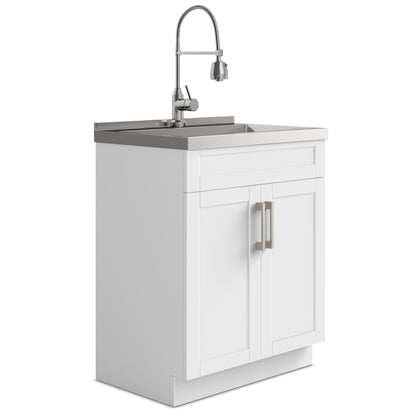 The Hennessy Deluxe Laundry Cabinet features double doors, a deep square stainless steel sink, and a silver high-neck faucet with hose attachment—perfect for utility use.