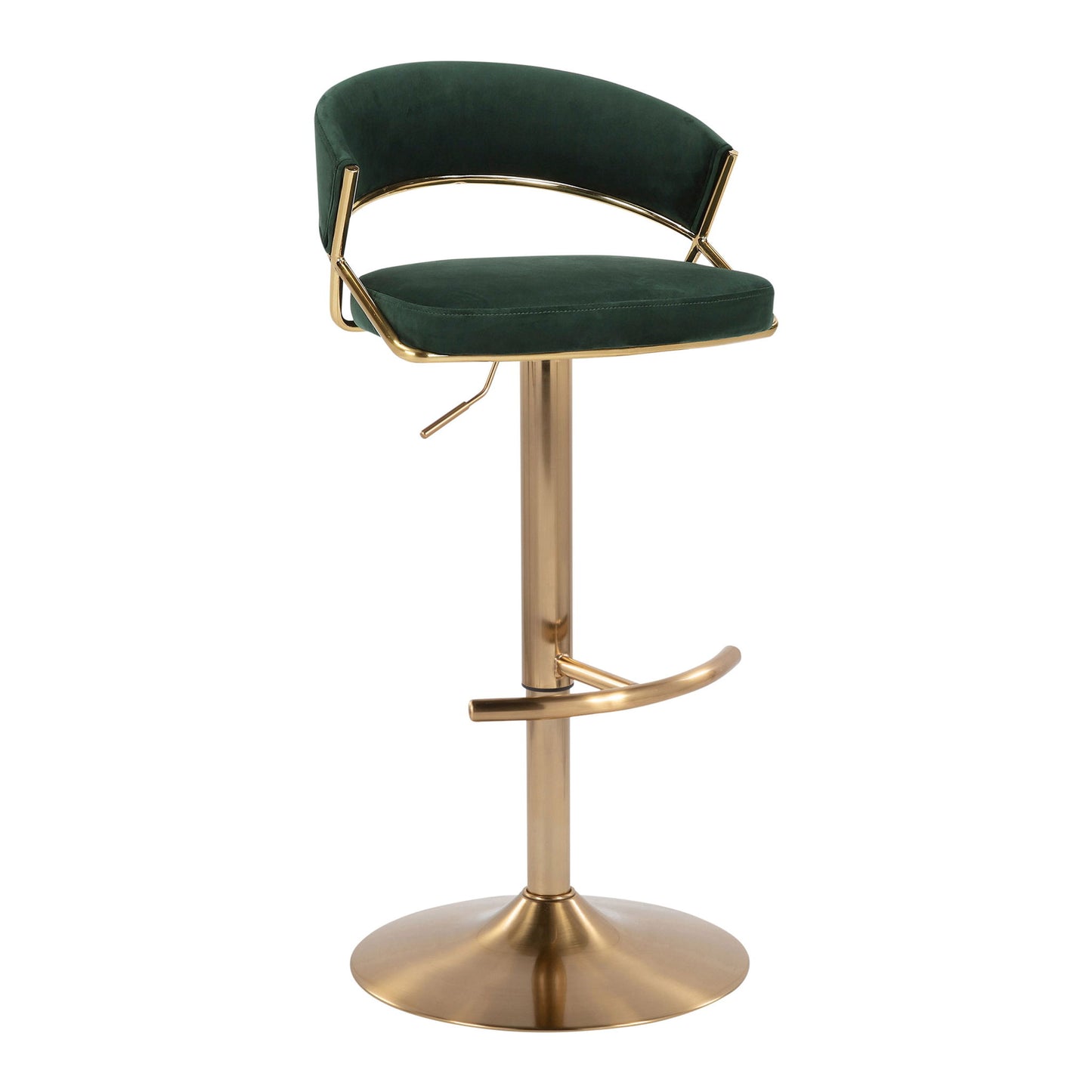 The Jie Barstool set features contemporary design with green velvet seats, gold metal frames, rounded backs, adjustable swivel bases, and a distinctive T-shaped footrest for modern style and comfort. Set of 2.