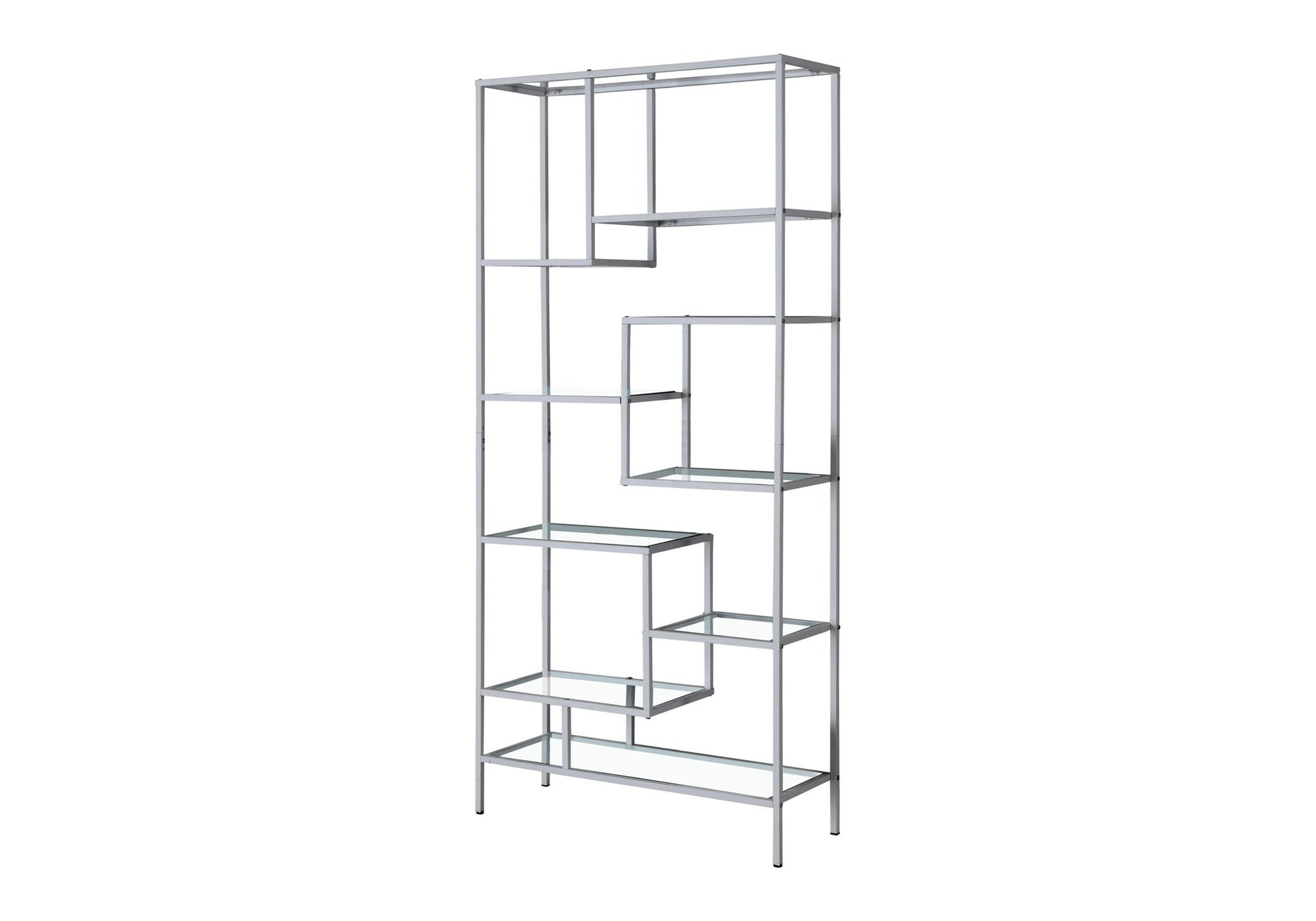 A contemporary metal etagere bookcase for office use, featuring a modern open geometric design with multiple rectangular shelves in varying sizes, shown against a white background.