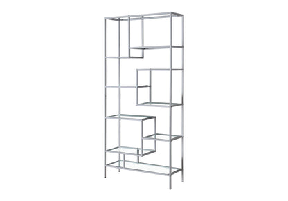 A contemporary metal etagere bookcase for office use, featuring a modern open geometric design with multiple rectangular shelves in varying sizes, shown against a white background.