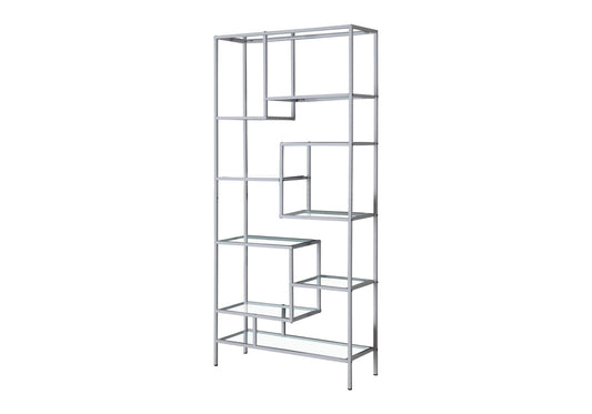 A contemporary metal etagere bookcase for office use, featuring a modern open geometric design with multiple rectangular shelves in varying sizes, shown against a white background.