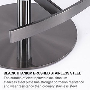A close-up of the Swivel Bar Stool's round, brushed black titanium stainless steel base and curved footrest highlights its superior corrosion and wear resistance compared to ordinary stainless steel.