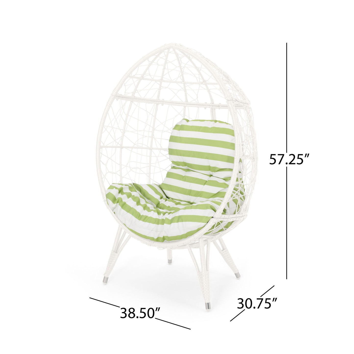 The Cosmos Round Hammered Iron Teardrop Chair features a white egg-shaped design with a green and white striped cushion. It measures 57.25" high, 38.5" wide, and 30.75" deep.