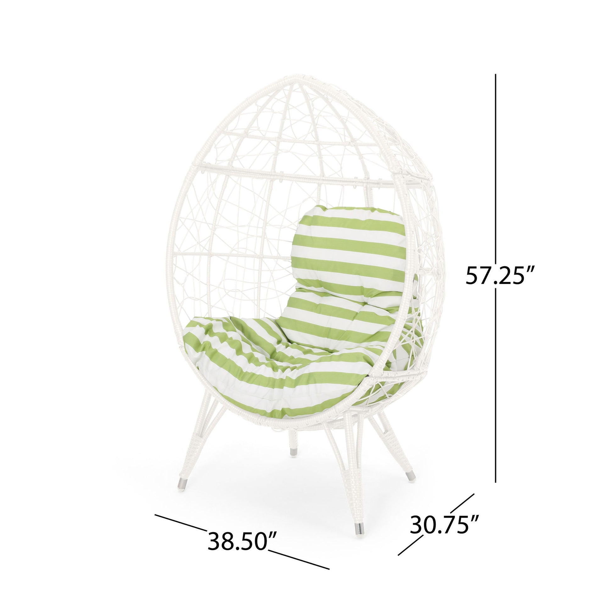 The Cosmos Round Hammered Iron Teardrop Chair features a white egg-shaped design with a green and white striped cushion. It measures 57.25" high, 38.5" wide, and 30.75" deep.