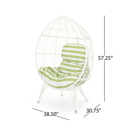 The Cosmos Round Hammered Iron Teardrop Chair features a white egg-shaped design with a green and white striped cushion. It measures 57.25" high, 38.5" wide, and 30.75" deep.