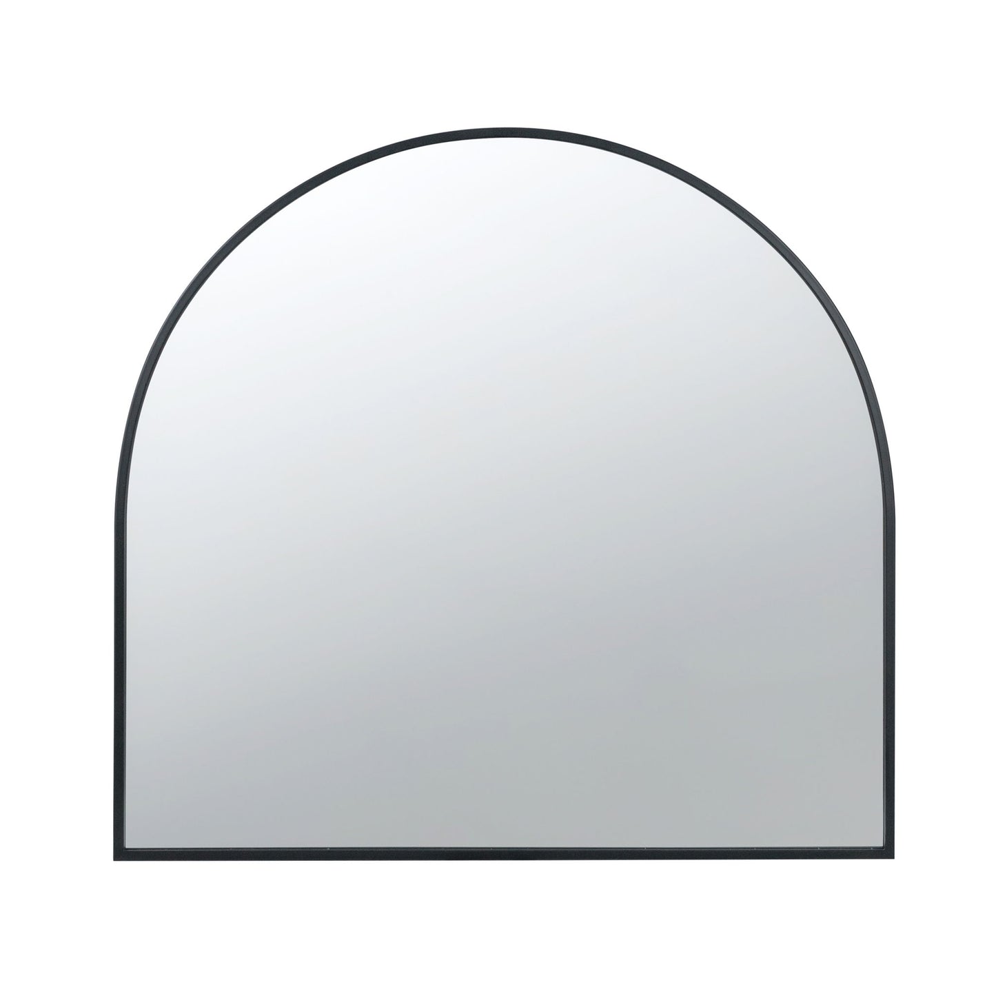 The Arched Mirror With Metal Frame is a wall mirror for living room, bedroom, or entryway. It features a thin black frame, flat bottom edge, and smoothly curved top with a clear, reflective surface.