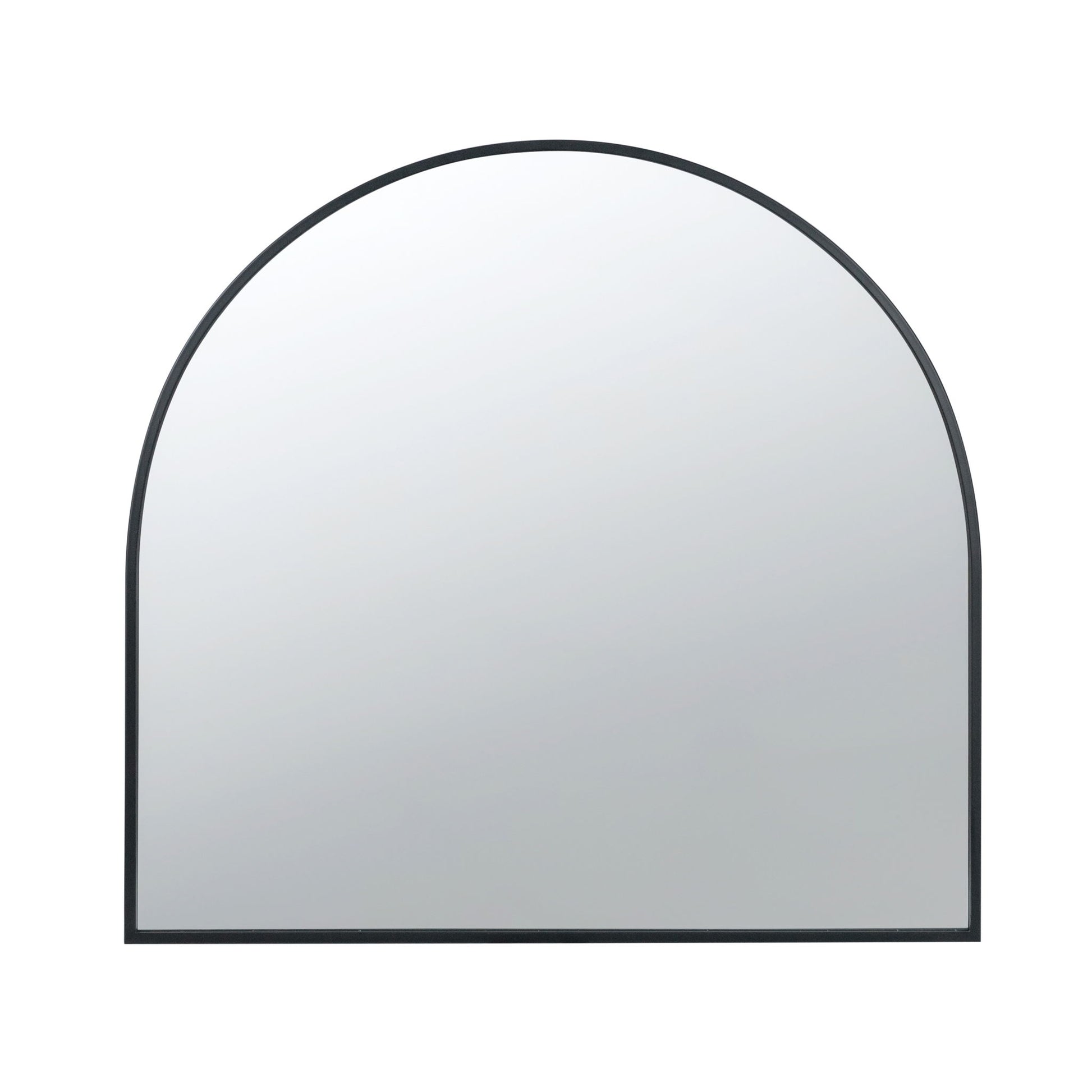 The Arched Mirror With Metal Frame is a wall mirror for living room, bedroom, or entryway. It features a thin black frame, flat bottom edge, and smoothly curved top with a clear, reflective surface.