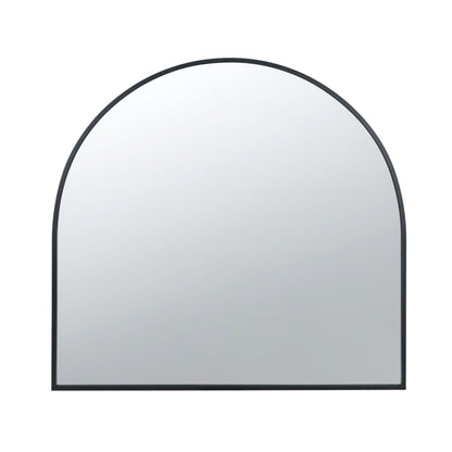 The Arched Mirror With Metal Frame is a wall mirror for living room, bedroom, or entryway. It features a thin black frame, flat bottom edge, and smoothly curved top with a clear, reflective surface.