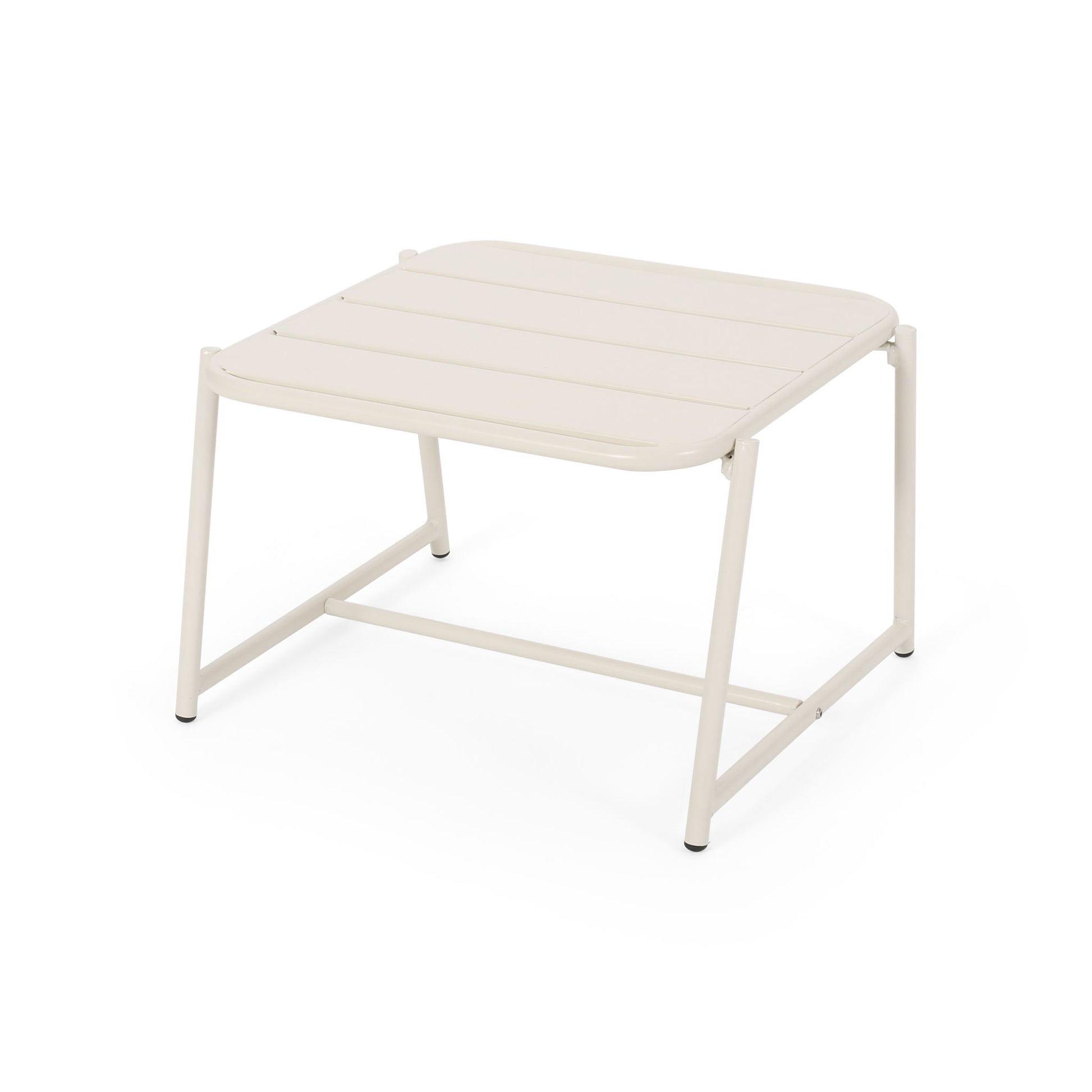 The Conrad Side Table Outdoor features a small, square, off-white metal design with a slatted top and four angled legs, shown against a plain white background.