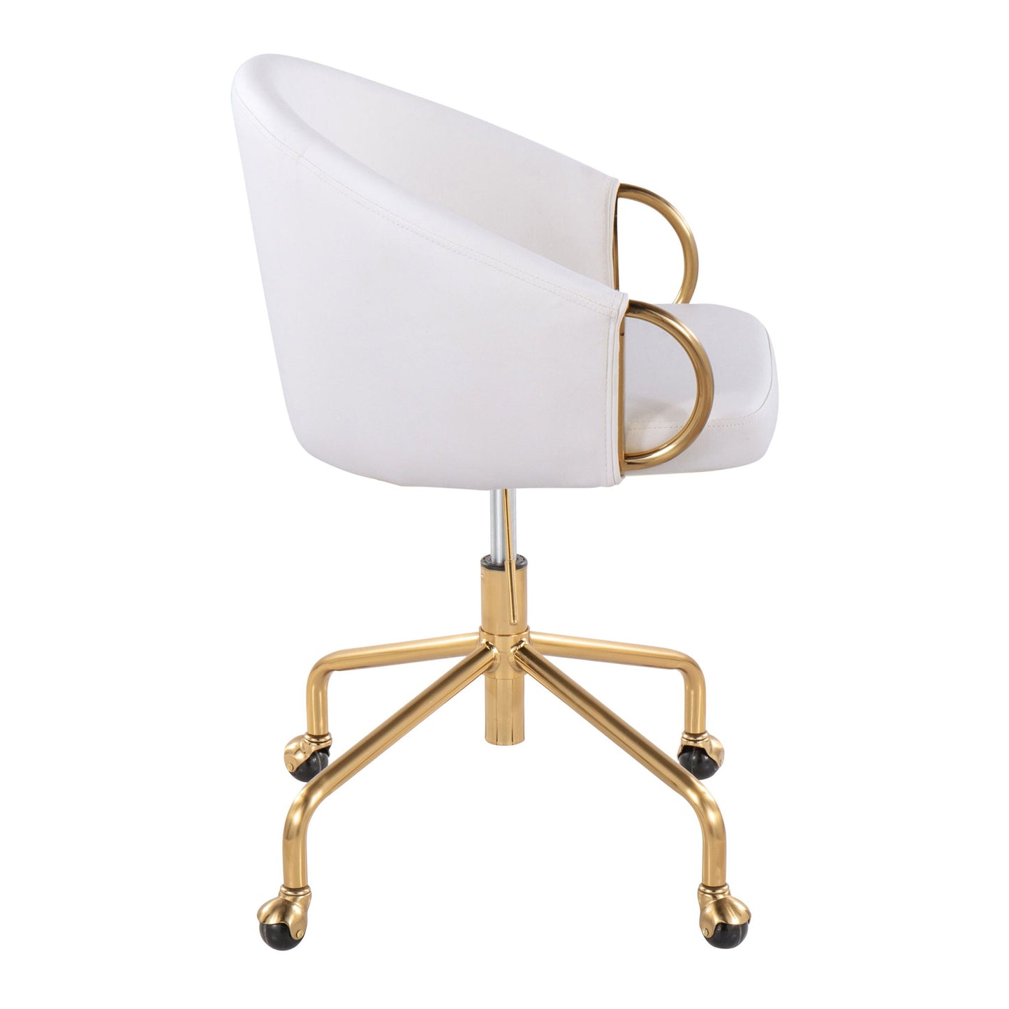 The Claire Task Chair features a modern white design with gold metal armrests and base, four caster legs for mobility, a curved backrest, and sleek contemporary glam style.