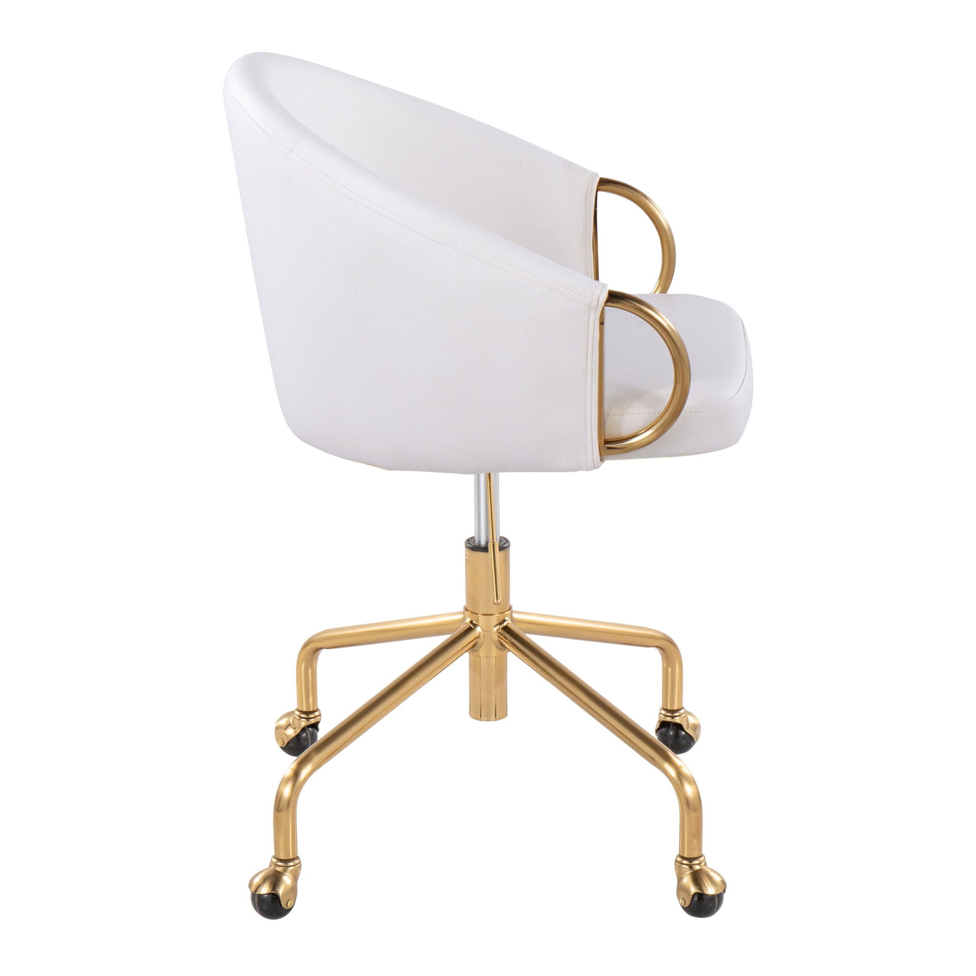 The Claire Task Chair features a modern white design with gold metal armrests and base, four caster legs for mobility, a curved backrest, and sleek contemporary glam style.