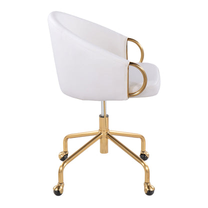 The Claire Task Chair features a modern white design with gold metal armrests and base, four caster legs for mobility, a curved backrest, and sleek contemporary glam style.