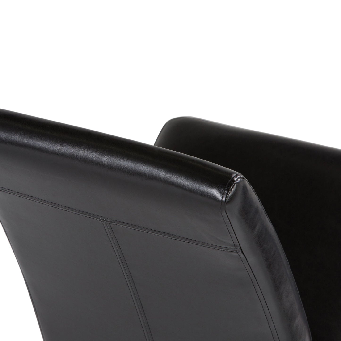 Close-up of the upper backs of two Acadian - Upholstered Parson Dining Chairs, featuring smooth stitching and a sleek, modern black leather design against a white background.