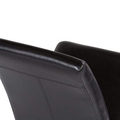 Close-up of the upper backs of two Acadian - Upholstered Parson Dining Chairs, featuring smooth stitching and a sleek, modern black leather design against a white background.